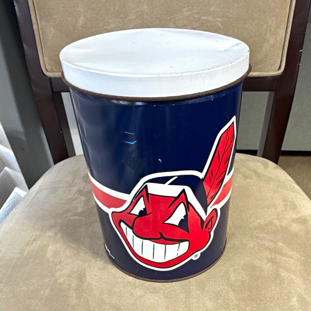 Cleveland Indians Chief Wahoo Logo Blue Metal Advertising Tin Container w/ Lid